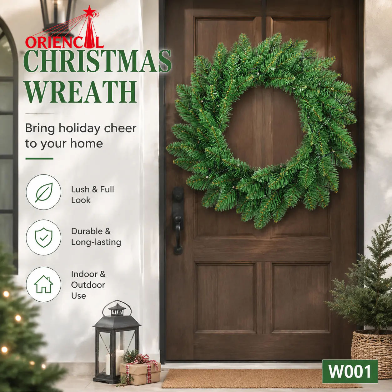 Unlit Artificial Pine Christmas Wreath, Green Evergreen Wreath for Front Door W001