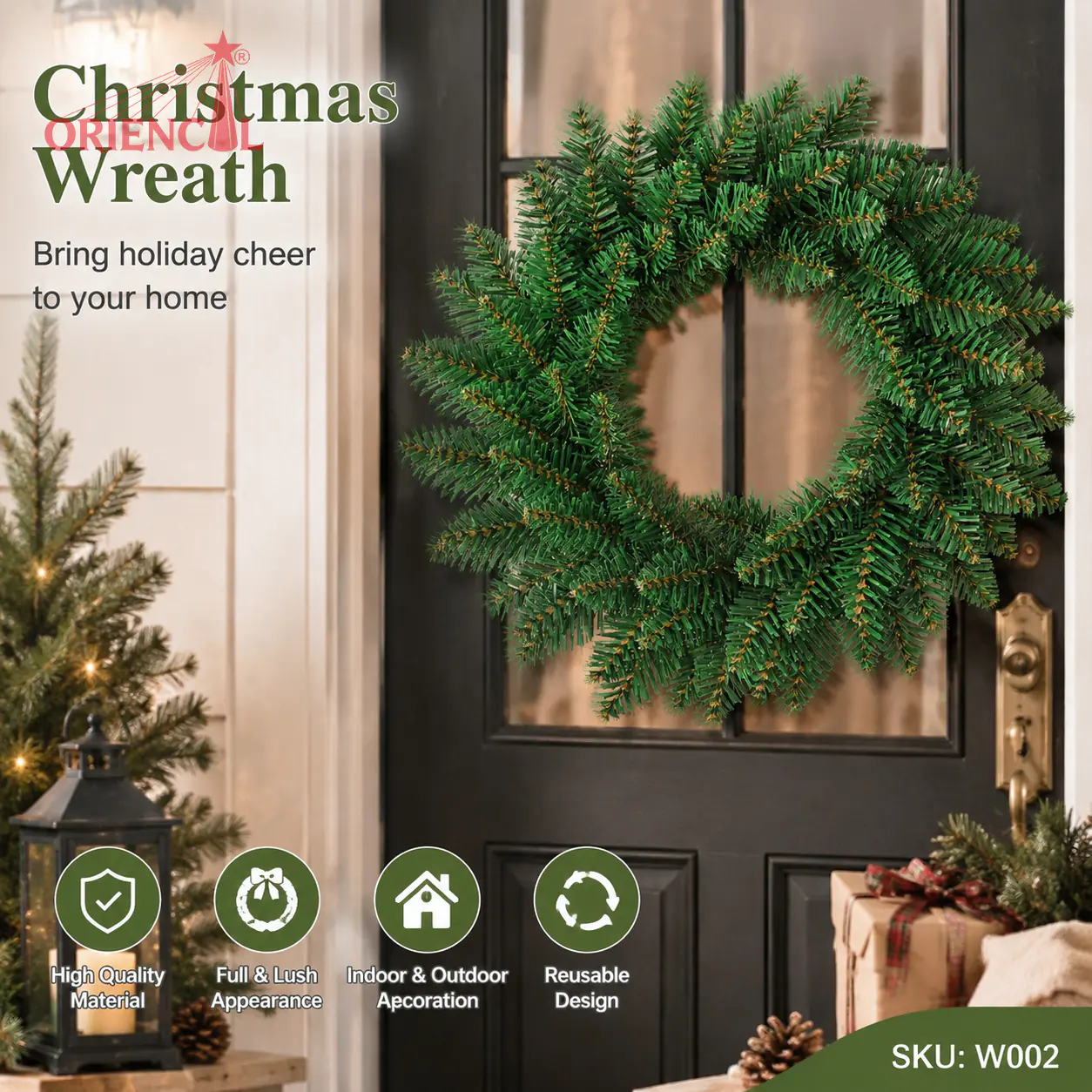 Unlit Full Green Christmas Wreath, Realistic Pine Branches, Classic Holiday Door Decor W002
