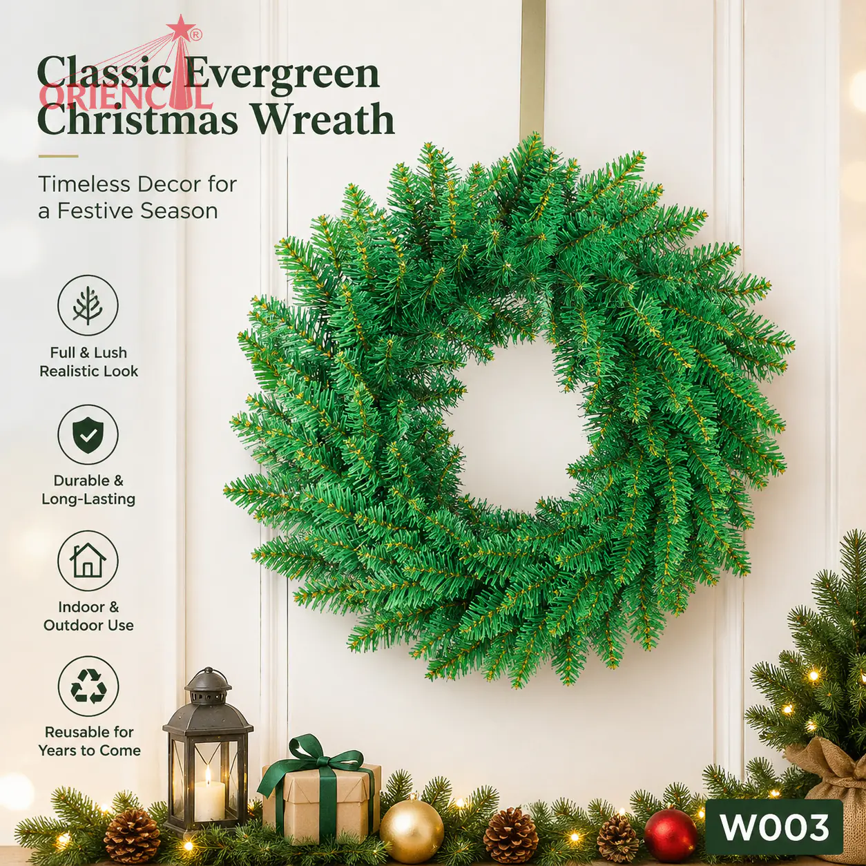 Lush Green Christmas Wreath, Unlit Evergreen, Premium Holiday Wreath for Front Door W003