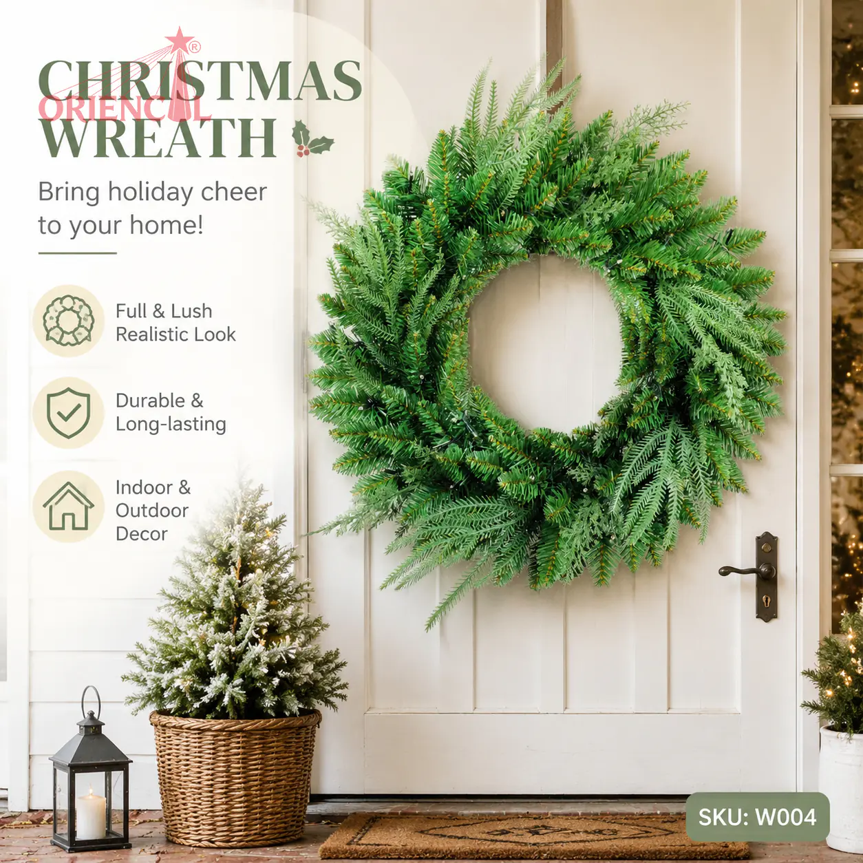 Natural-Looking Pine Needle Christmas Wreath, Unlit Green, Rustic Farmhouse Decor W004