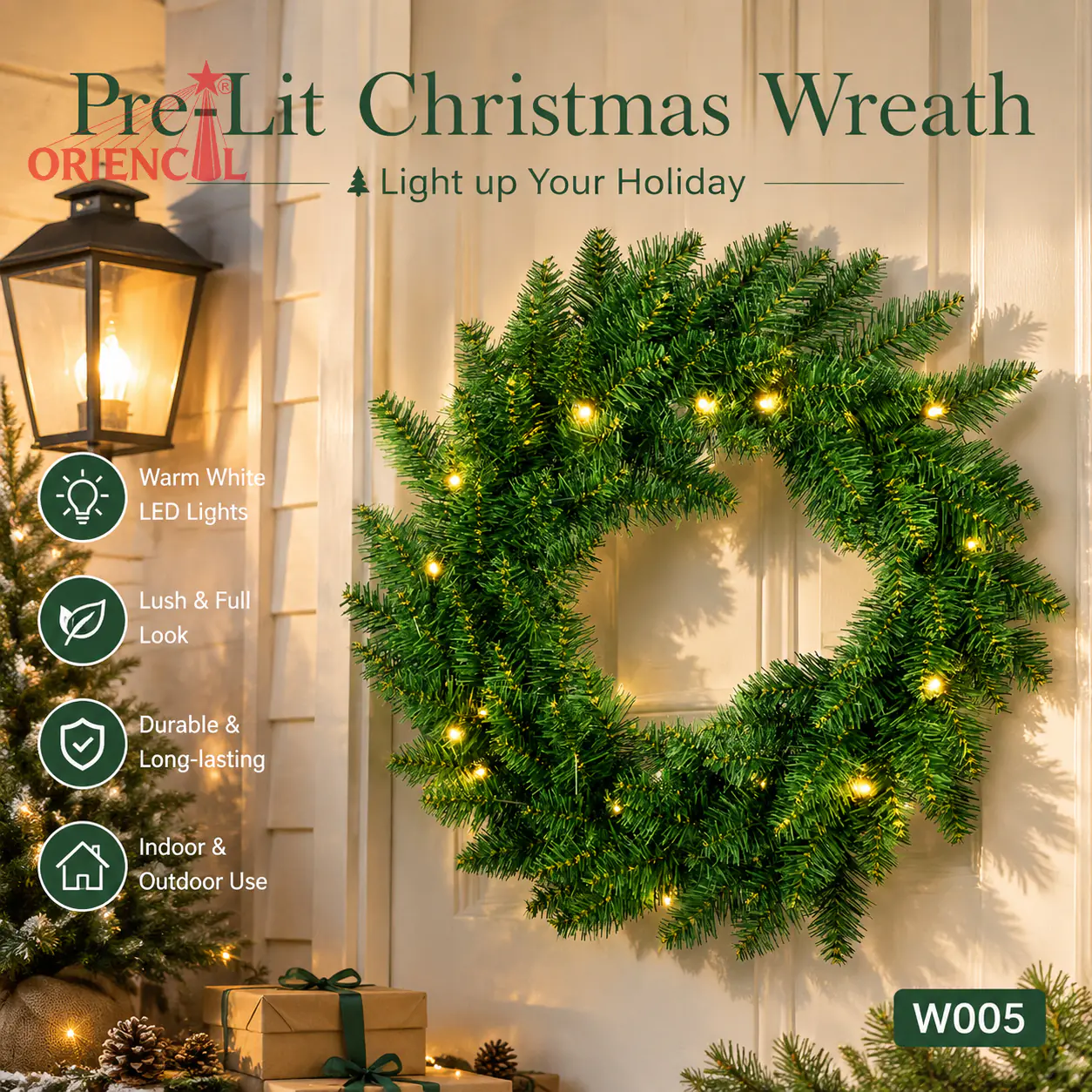 Green Christmas Wreath with Pine Cones, Unlit Evergreen, Rustic Holiday Door Decor W005