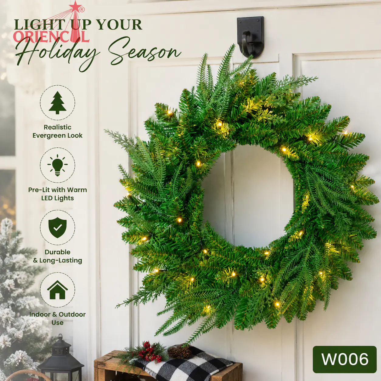 Green Christmas Wreath with Golden Accents, Unlit Evergreen, Festive Holiday Decor W006