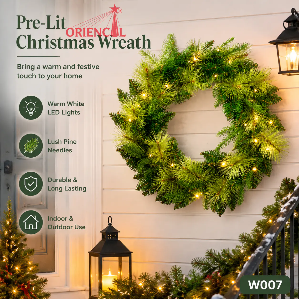 Christmas Wreath with Green & Gold Foliage, Unlit Evergreen, Front Door Holiday Decor W007