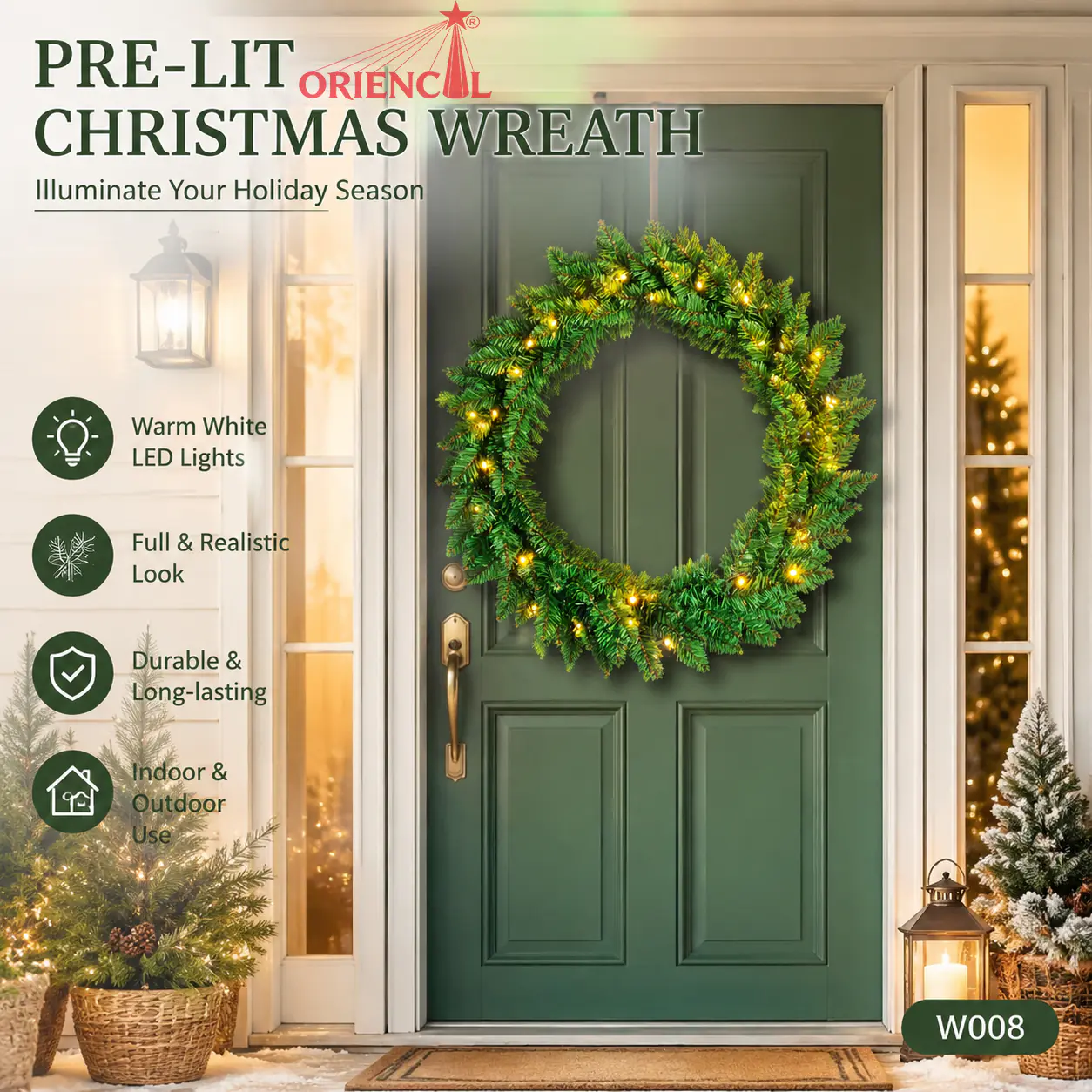 Green Christmas Wreath with Gold Berries, Unlit Evergreen, Glam Holiday Door Decor W008