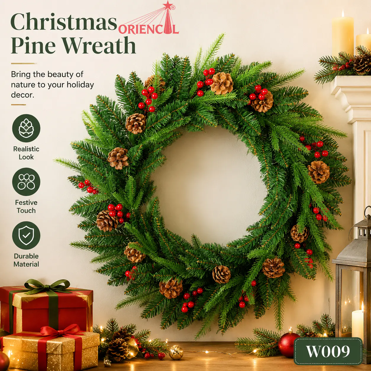 Christmas Wreath with Red Berries & Pine Cones, Unlit Evergreen, Rustic Farmhouse Decor W009