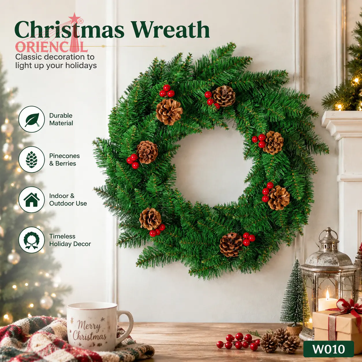 Lush Christmas Wreath with Red Berries & Pine Cones, Unlit, Rustic Holiday Door Decor W010