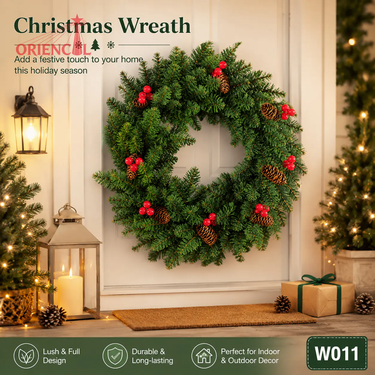 Full Christmas Wreath with Red Berries & Pine Cones, Unlit Evergreen, Classic Holiday Decor W011
