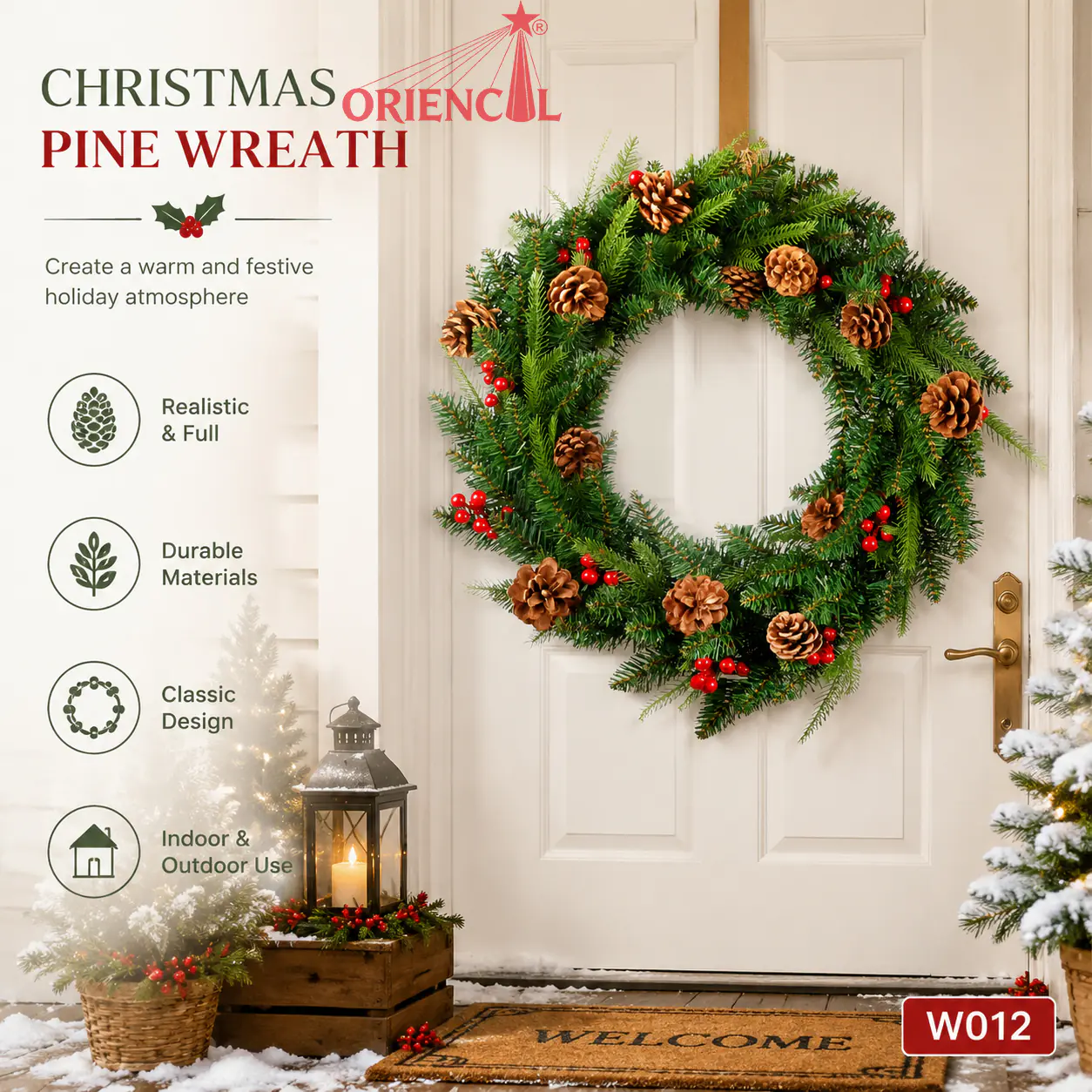 Christmas Wreath with Red Berries & Natural Pine Cones, Unlit, Rustic Holiday Decor W012