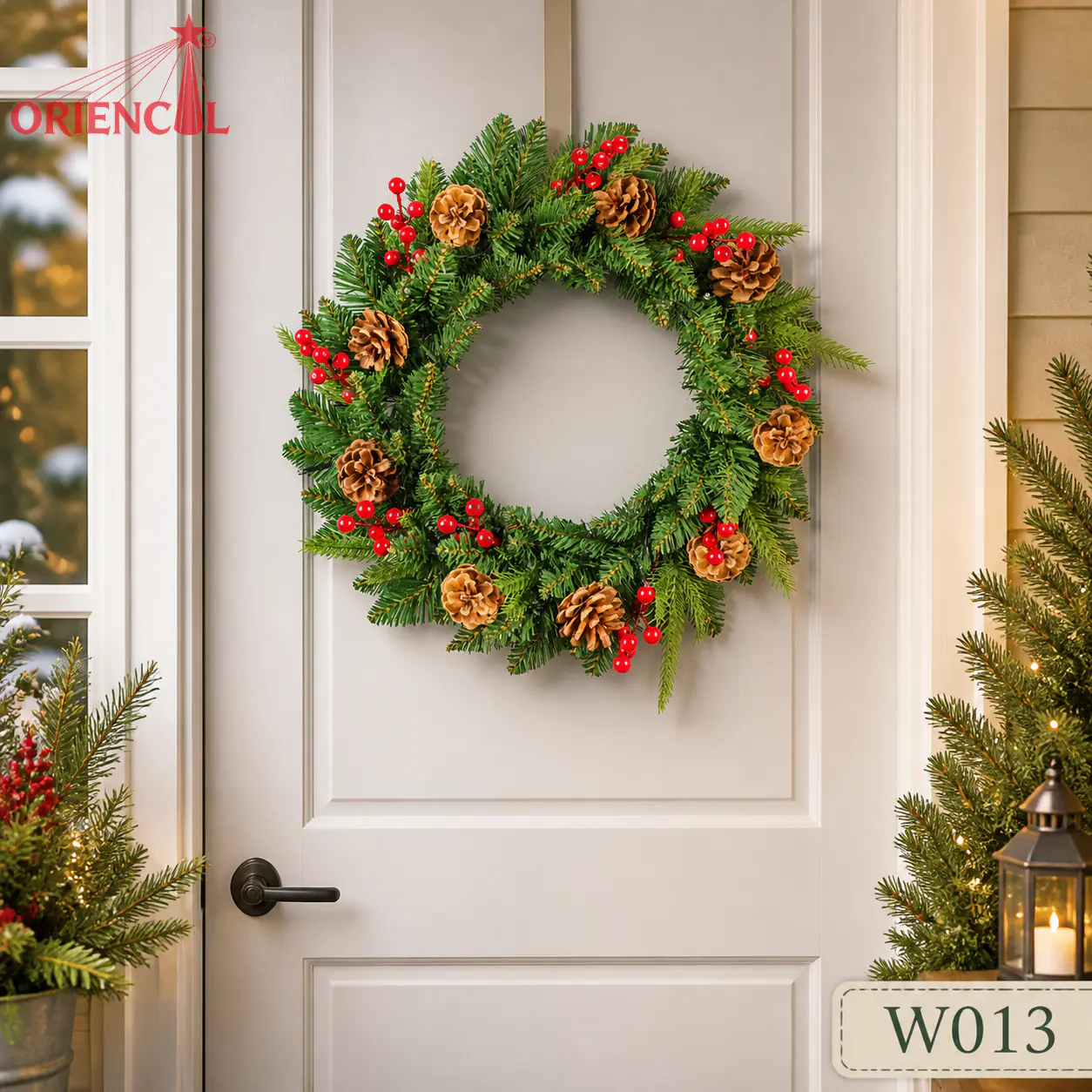 Rustic Christmas Wreath with Red Berries & Pine Cones, Unlit Evergreen, Farmhouse Door Decor W013