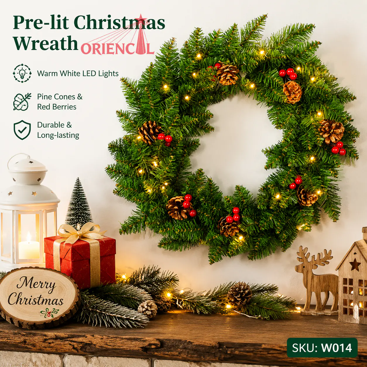 Lush Christmas Wreath with Red Berries, Unlit Evergreen, Festive Front Door Decor W014
