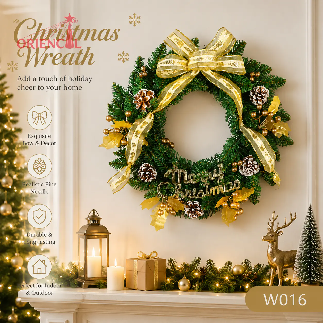 Christmas Wreath with Large Gold Bow, Unlit Evergreen, Glam Festive Door Decor W016