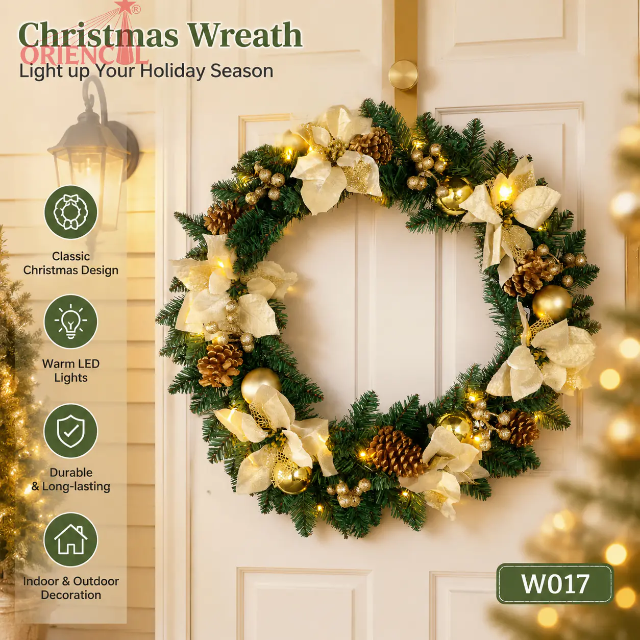 Cream & Gold Christmas Wreath with Floral Accents, Unlit Evergreen, Elegant Holiday Decor W017