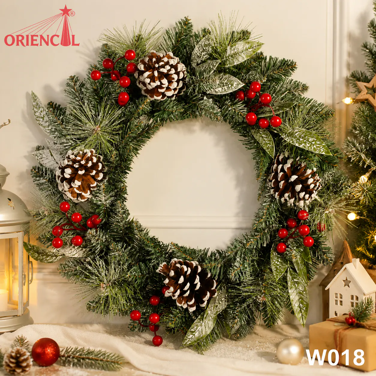 Frosted Christmas Wreath with Pine Cones & Red Berries, Unlit Evergreen, Winter Decor W018