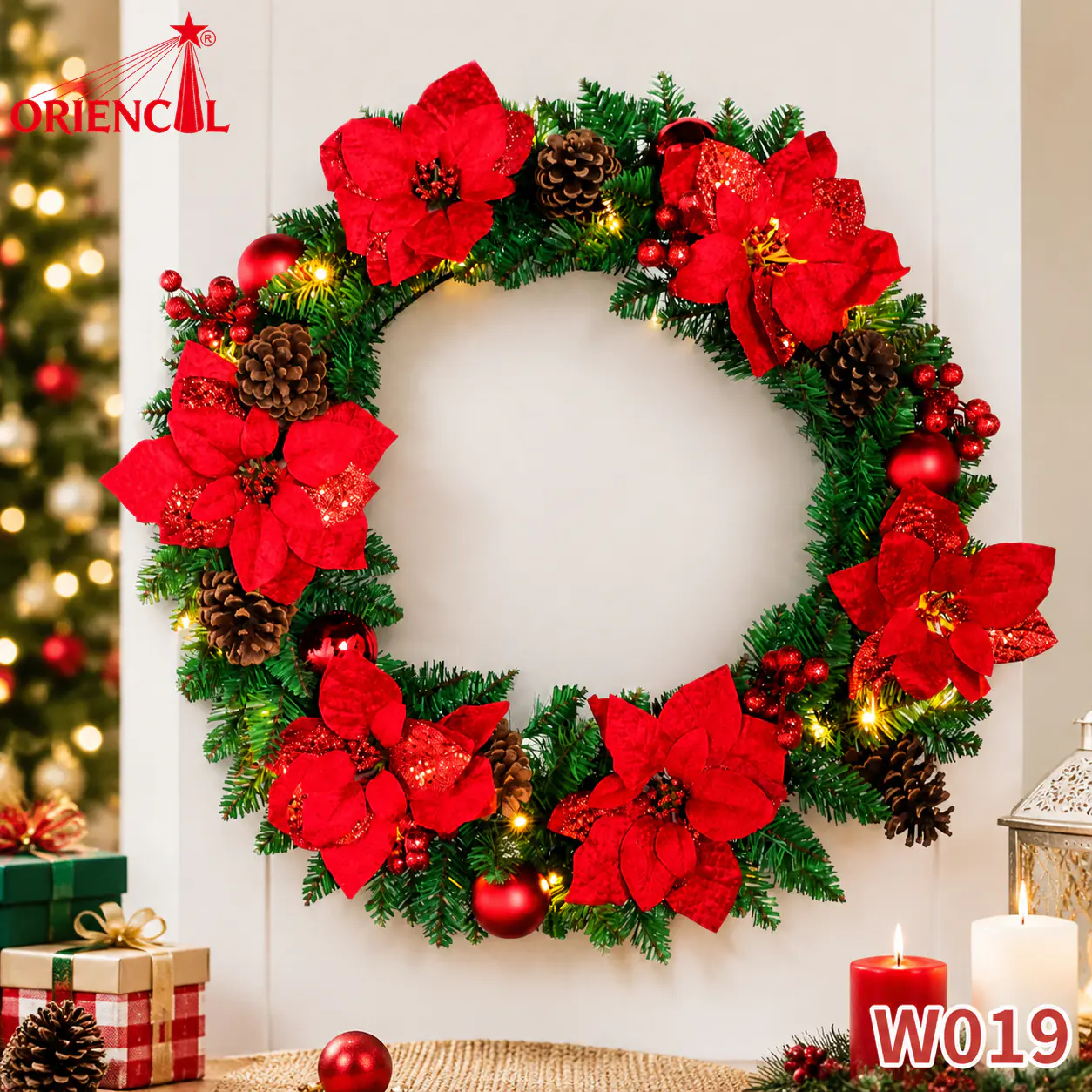 Christmas Wreath with Red Poinsettia Flowers, Unlit Evergreen, Bold Festive Door Decor W019