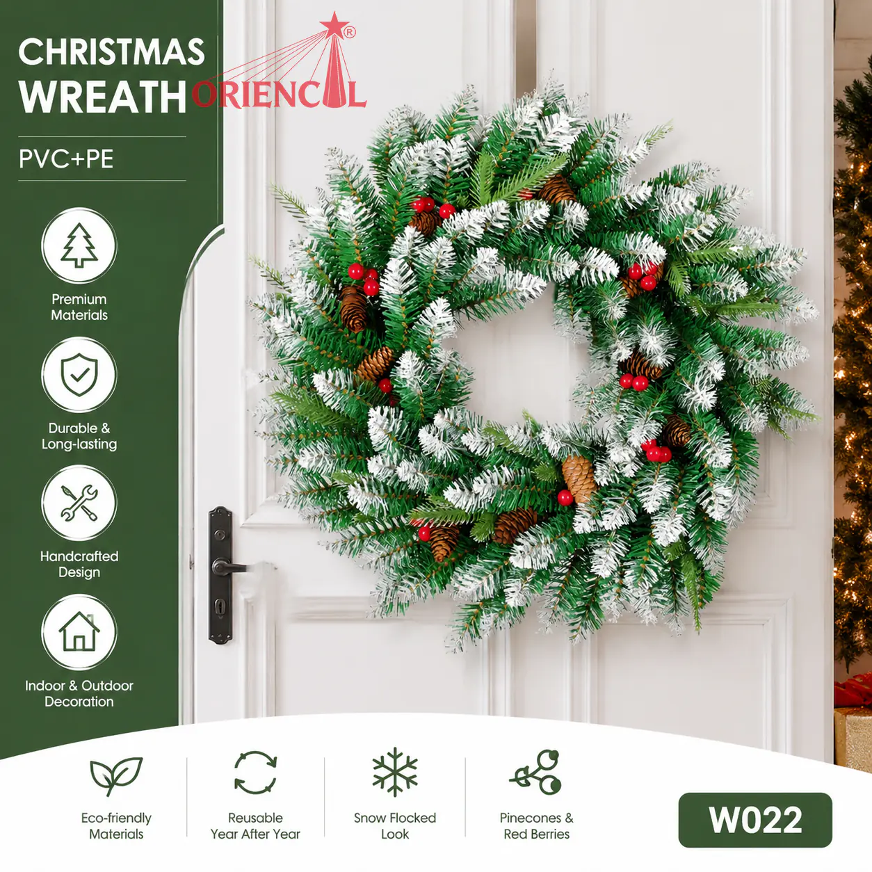 Flocked Green Christmas Wreath with White Tips, Unlit Evergreen, Winter Wonderland Decor W022