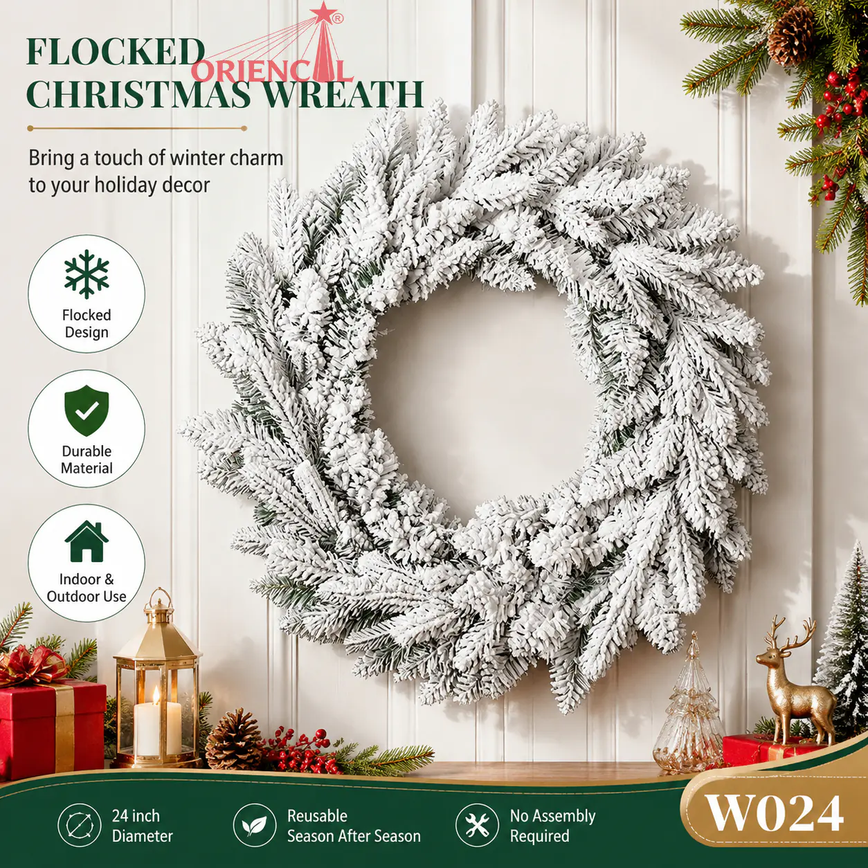 White Flocked Christmas Wreath, Unlit Evergreen, Frosted Winter Holiday Door Decor W024