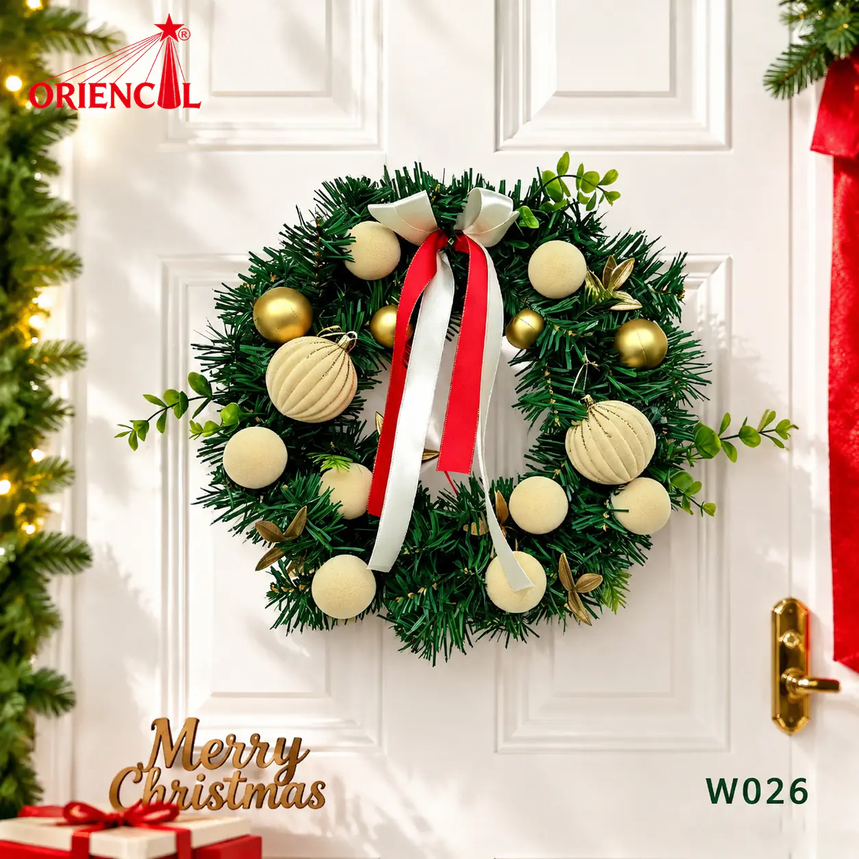 Christmas Wreath with Gold & White Balls, Red Bow, Festive Glam Holiday Decor W026