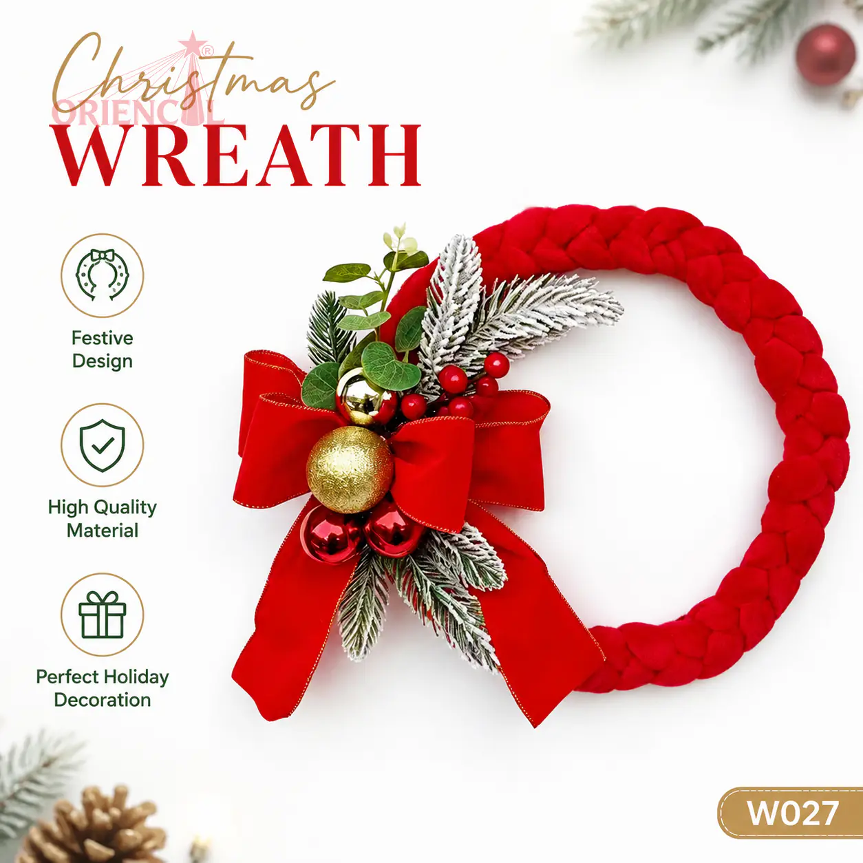 Red Fabric Christmas Wreath with Gold Bow & Bells, Minimalist Holiday Door Decor W027