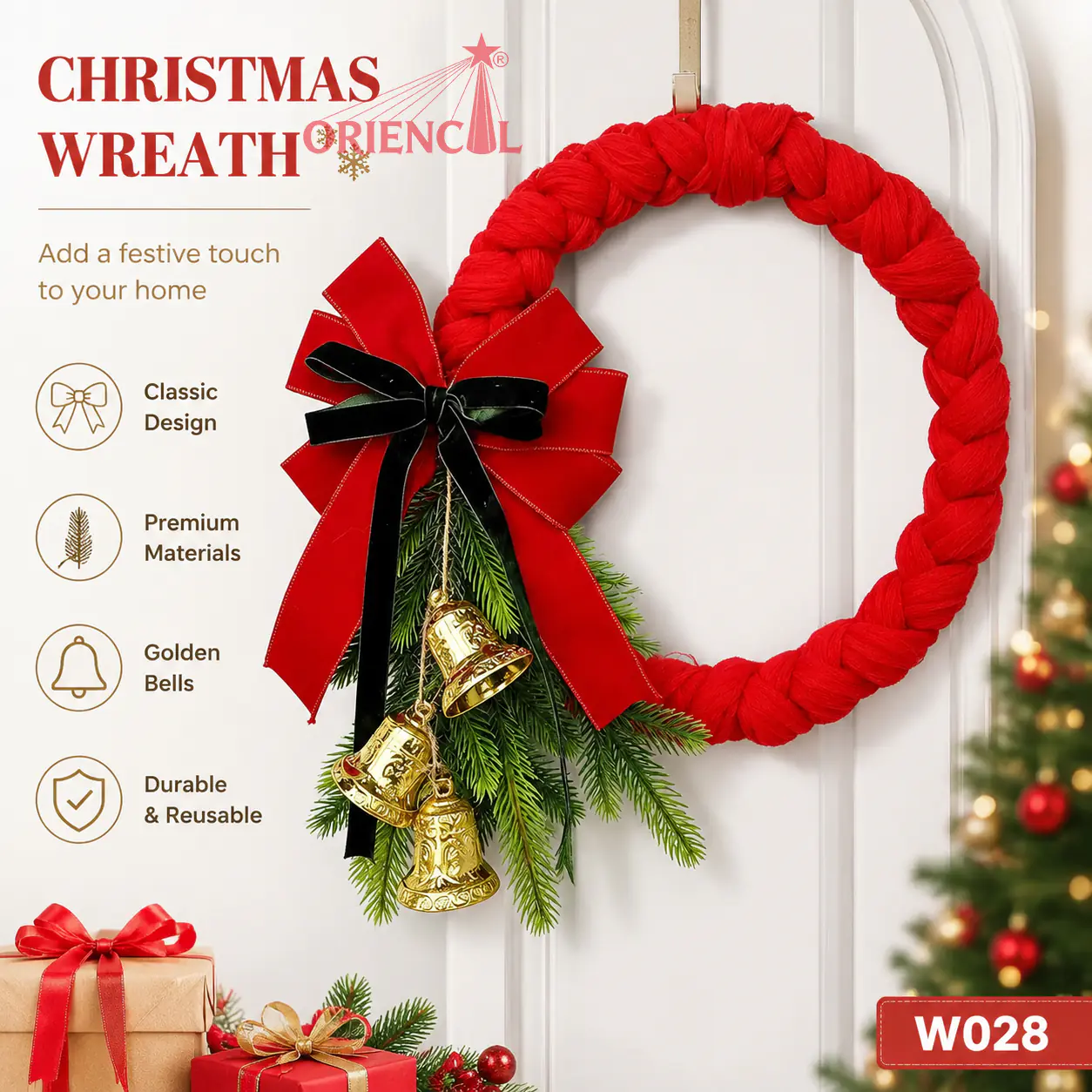 Red Christmas Wreath with Red Bow & Bells, Simple Festive Holiday Decor W028