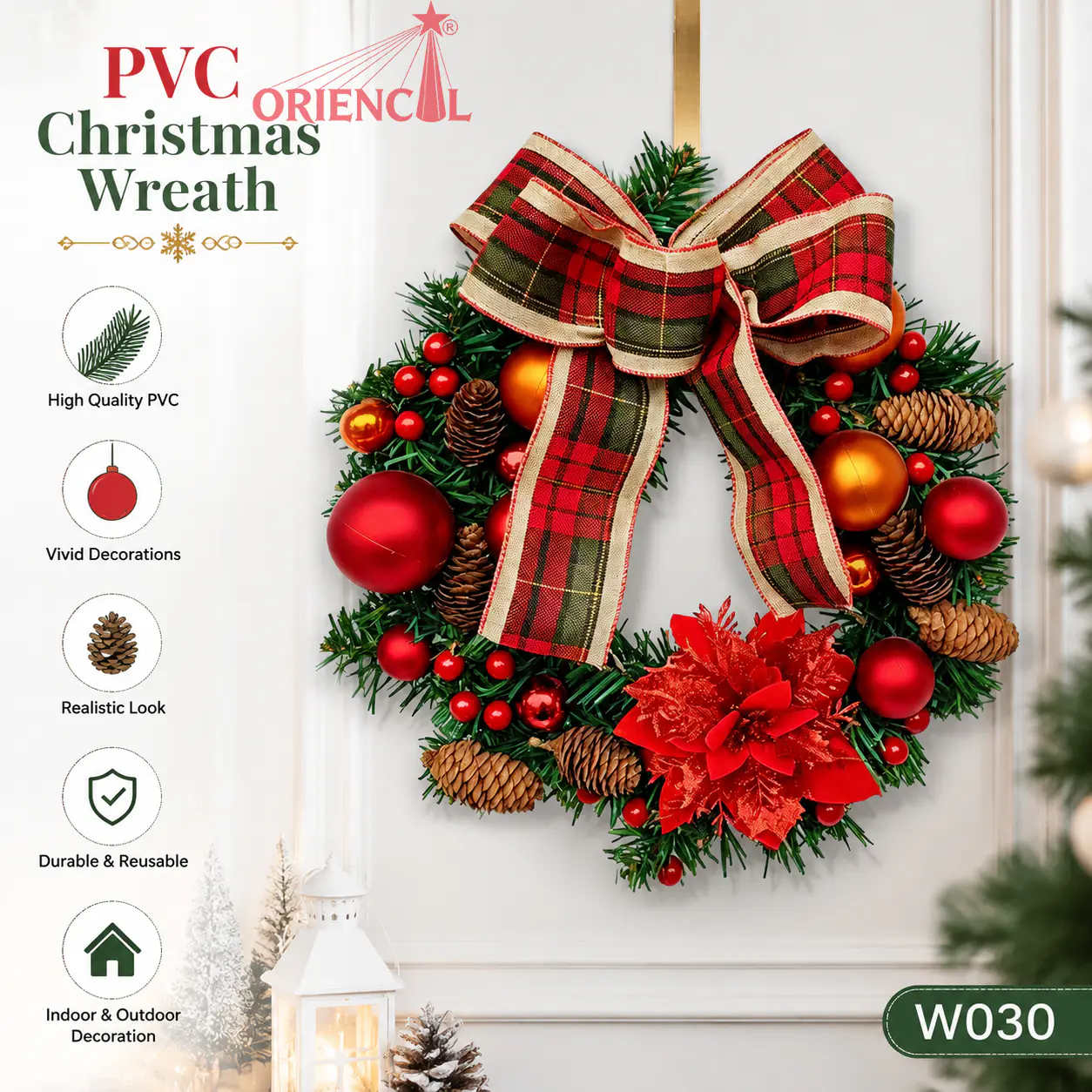 Christmas Wreath with Red Berries & Plaid Bow, Unlit Evergreen, Farmhouse Holiday Decor W030