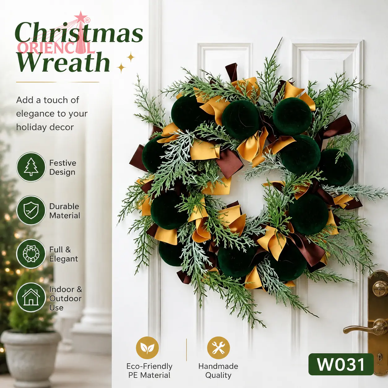 Black & Gold Christmas Wreath with Ornaments, Unlit Evergreen, Modern Glam Decor W031