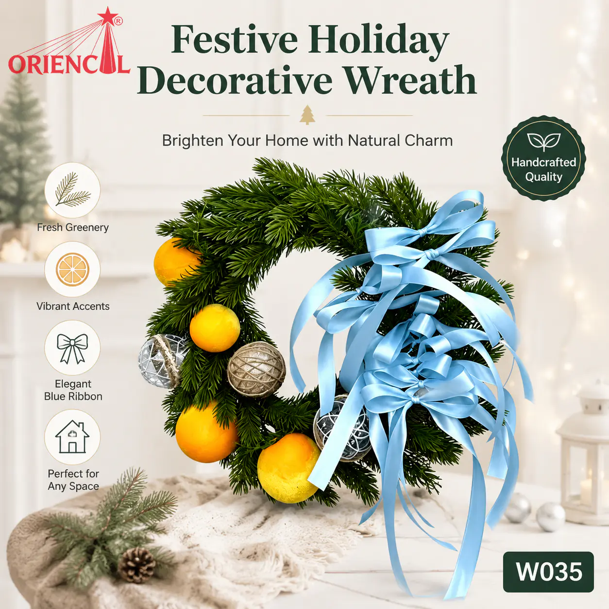 Christmas Wreath with Orange Oranges & Blue Bow, Unlit Evergreen, Bright Themed Decor W035