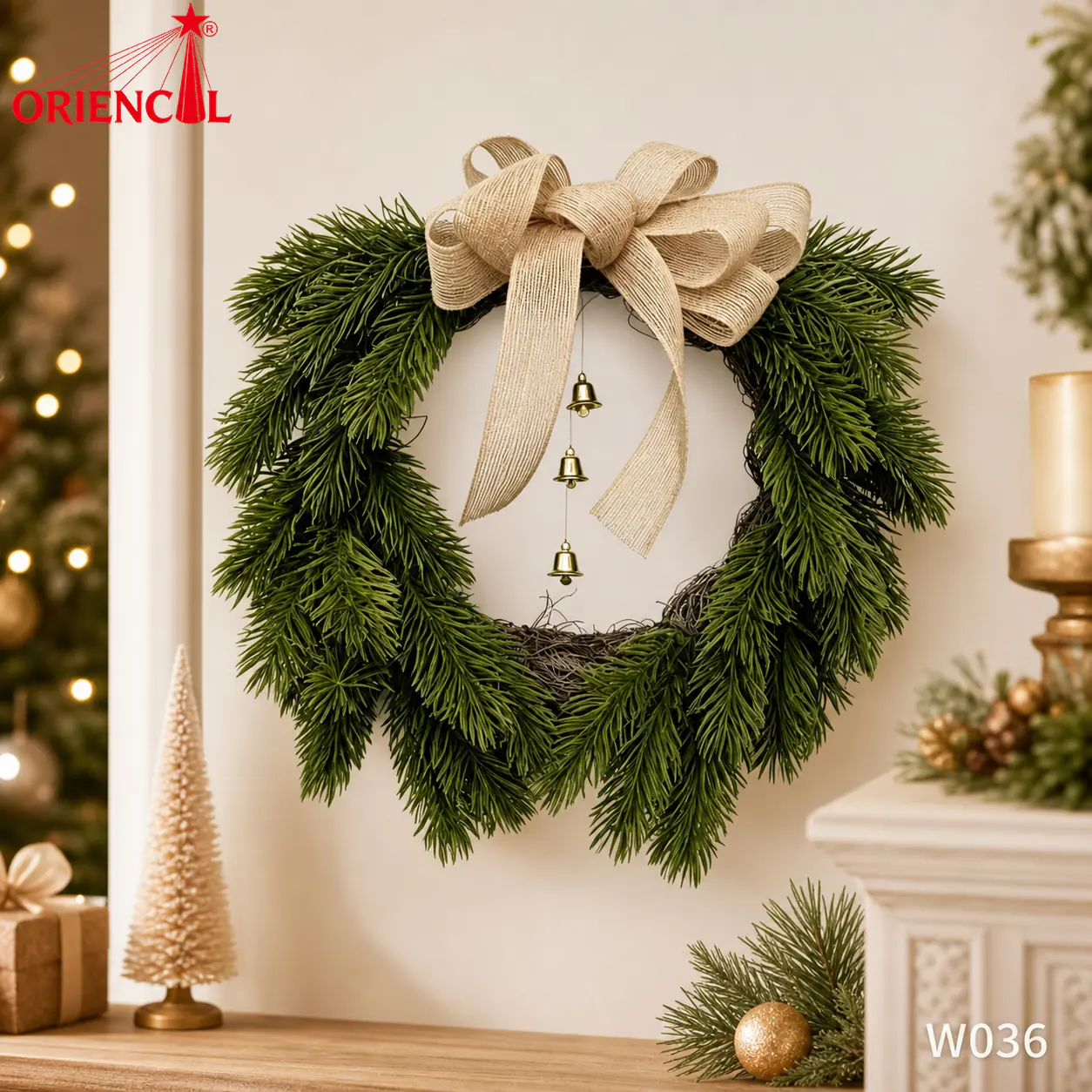 Rustic Green Christmas Wreath with Burlap Bow, Unlit Evergreen, Farmhouse Door Decor W036