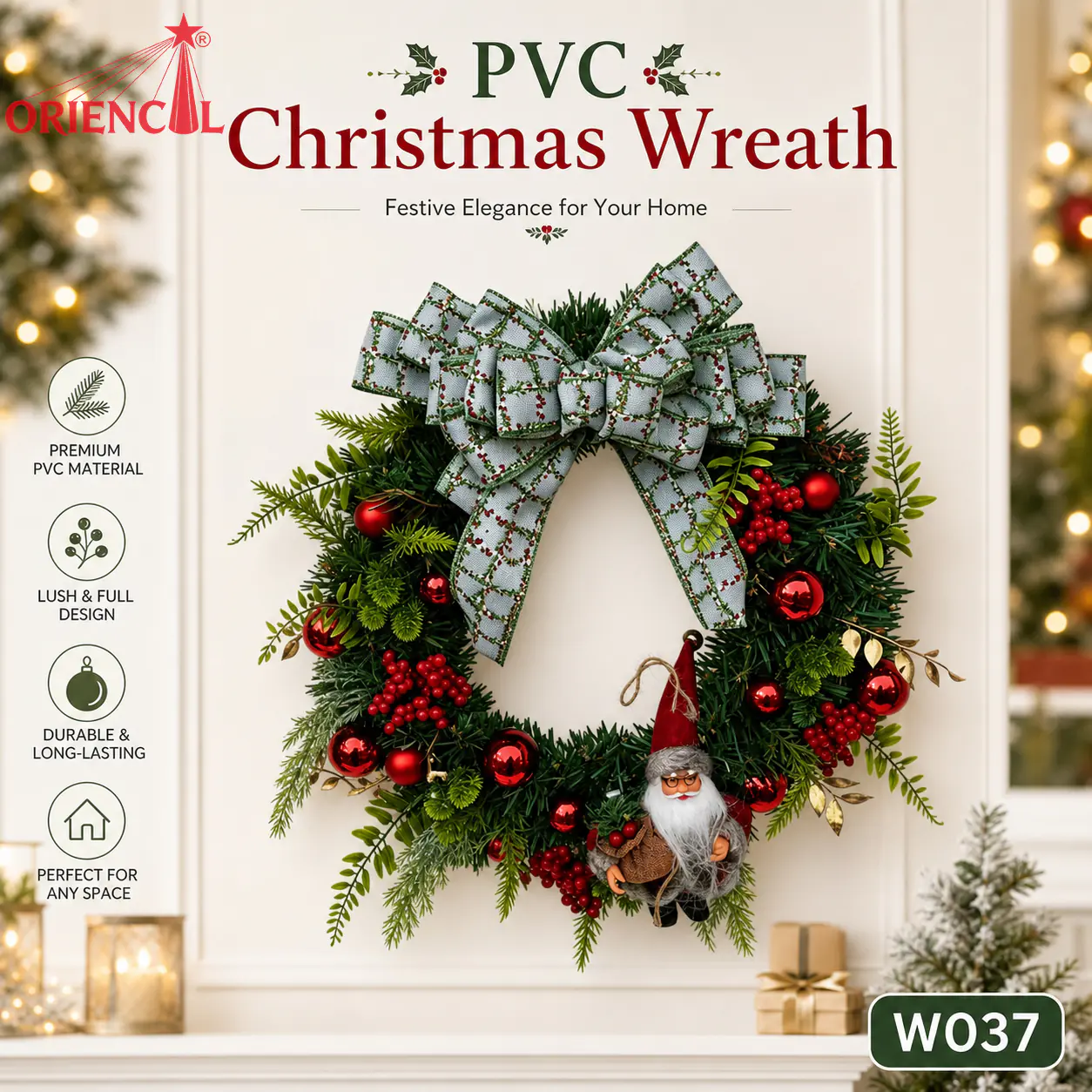 Christmas Wreath with Red Berries & Grey Bow, Unlit Evergreen, Neutral Holiday Decor W037