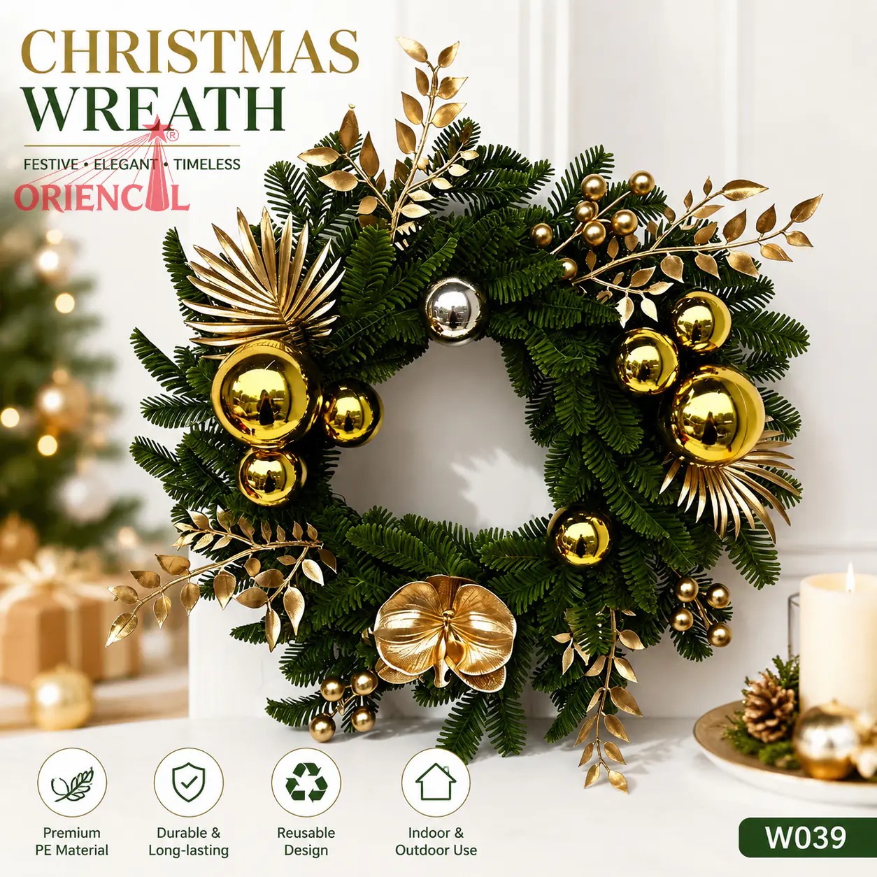Black & Gold Christmas Wreath with Ornaments & Pine Cones, Unlit Evergreen, Luxe Decor W039