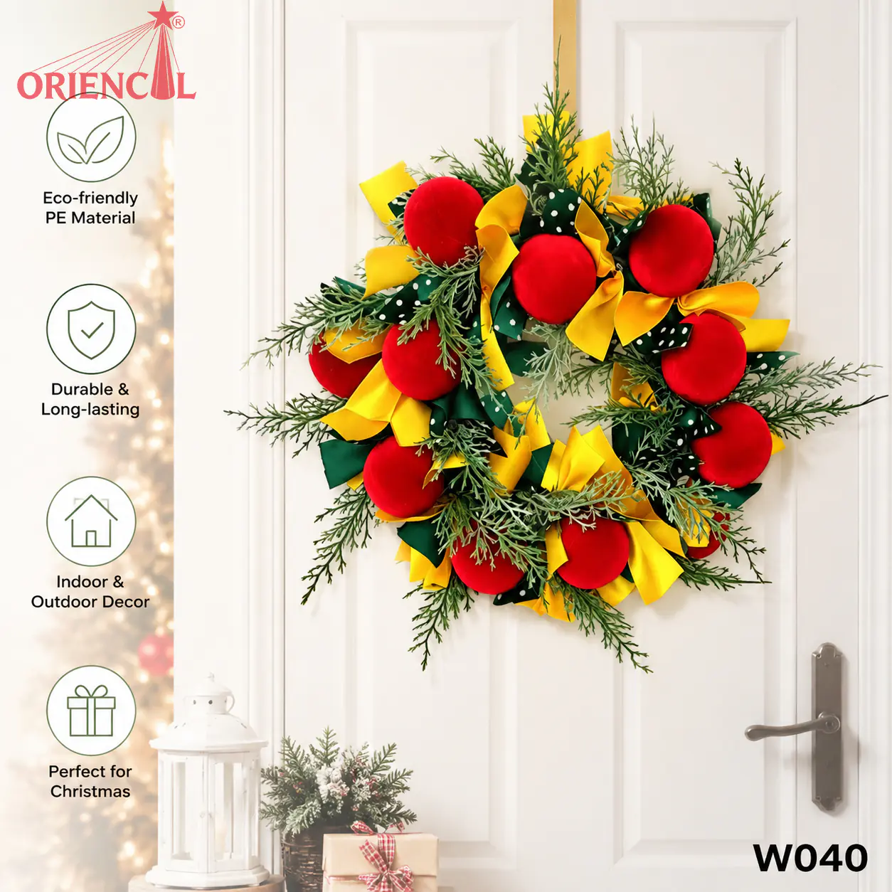 Christmas Wreath with Red & Yellow Poinsettia Flowers, Unlit Evergreen, Bright Festive Decor W040