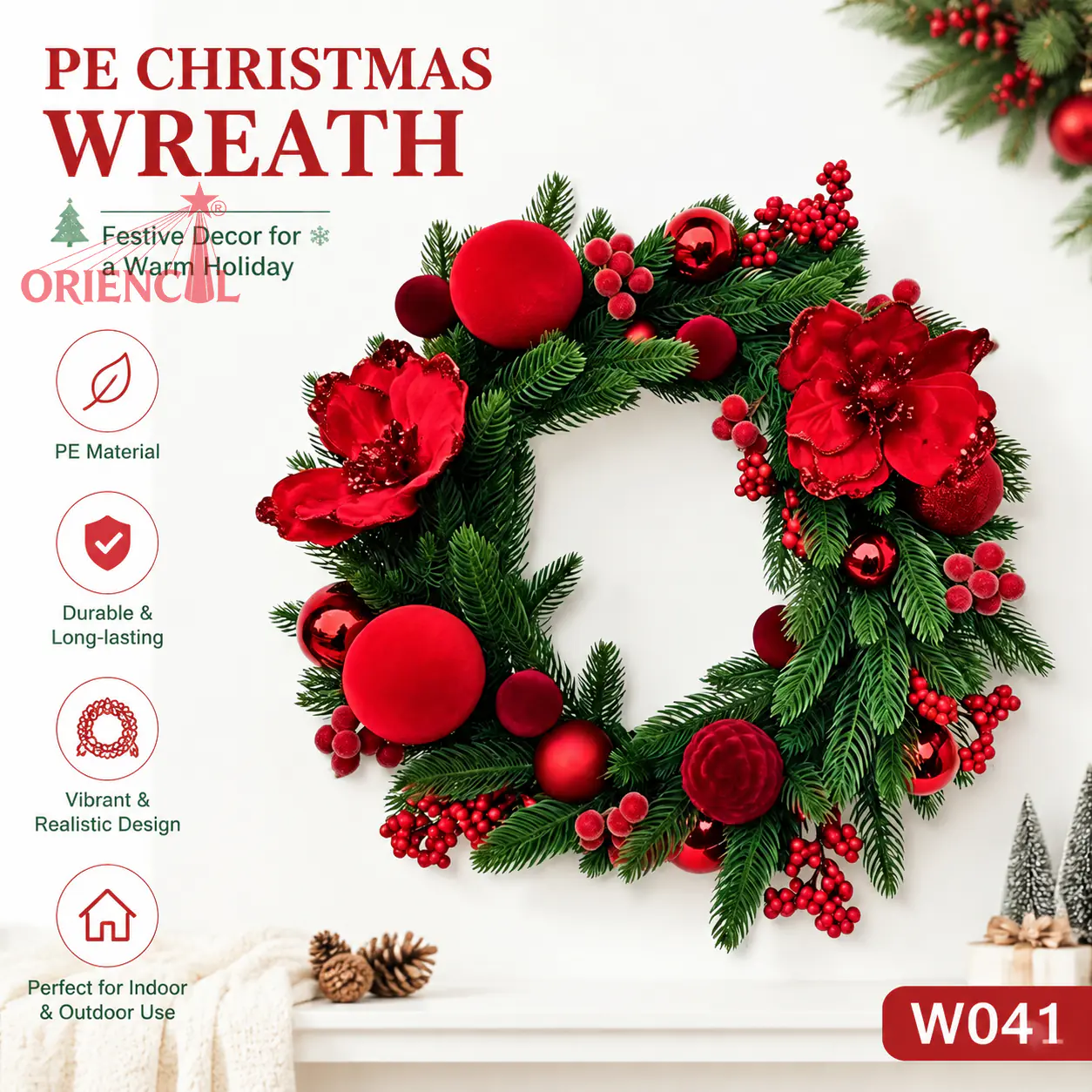 Christmas Wreath with Red Flowers & Berries, Unlit Evergreen, Bold Festive Door Decor W041