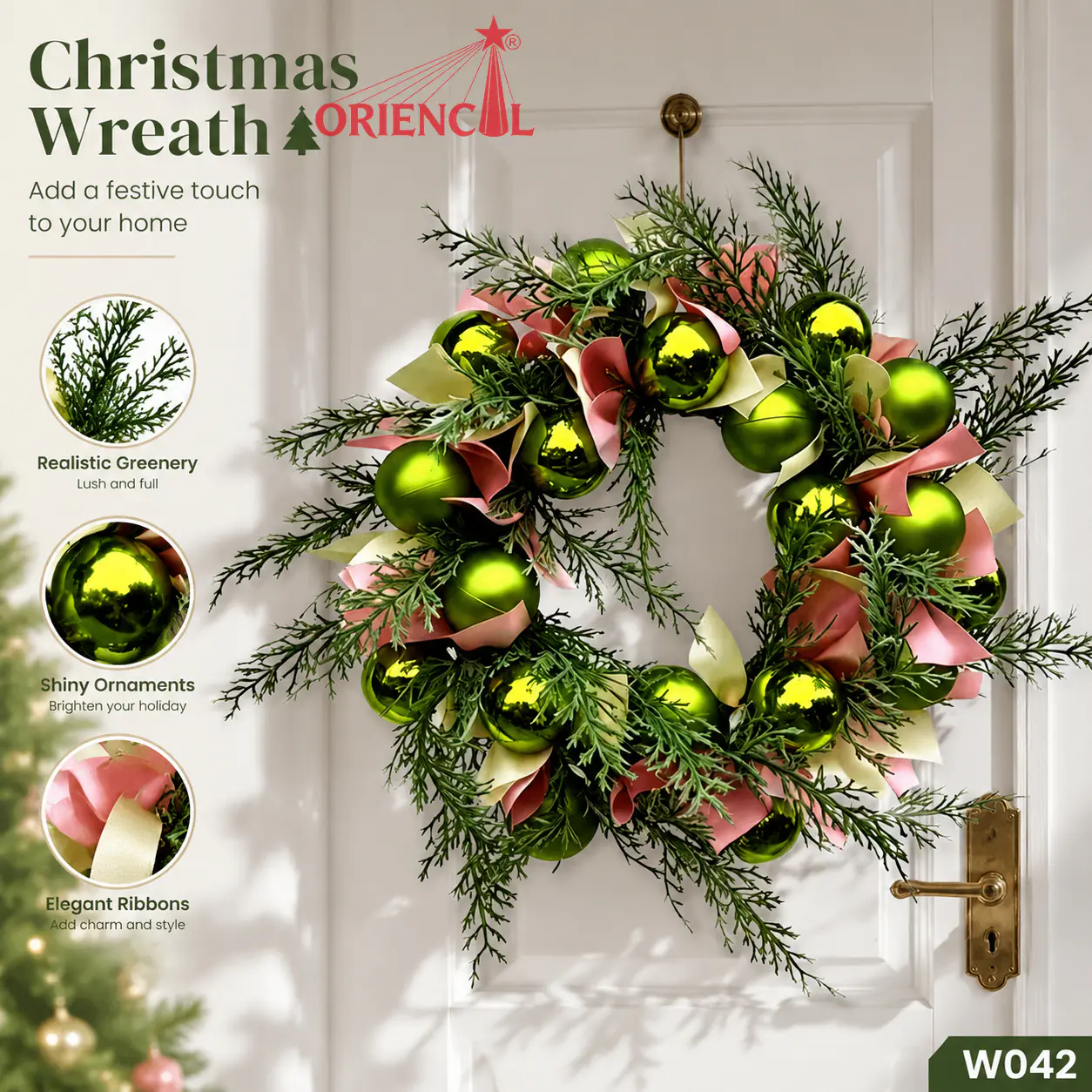 Christmas Wreath with Green Branches & Red-Gold Ornaments, Unlit Evergreen, Classic Decor W042