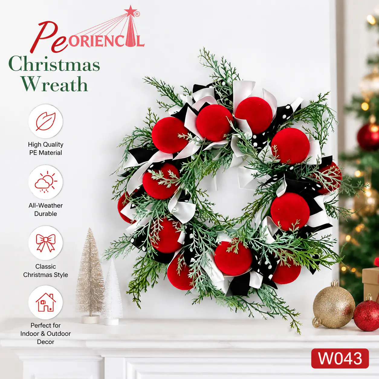 Christmas Wreath with Red & White Balls, Unlit Evergreen, Simple Festive Door Decor W043