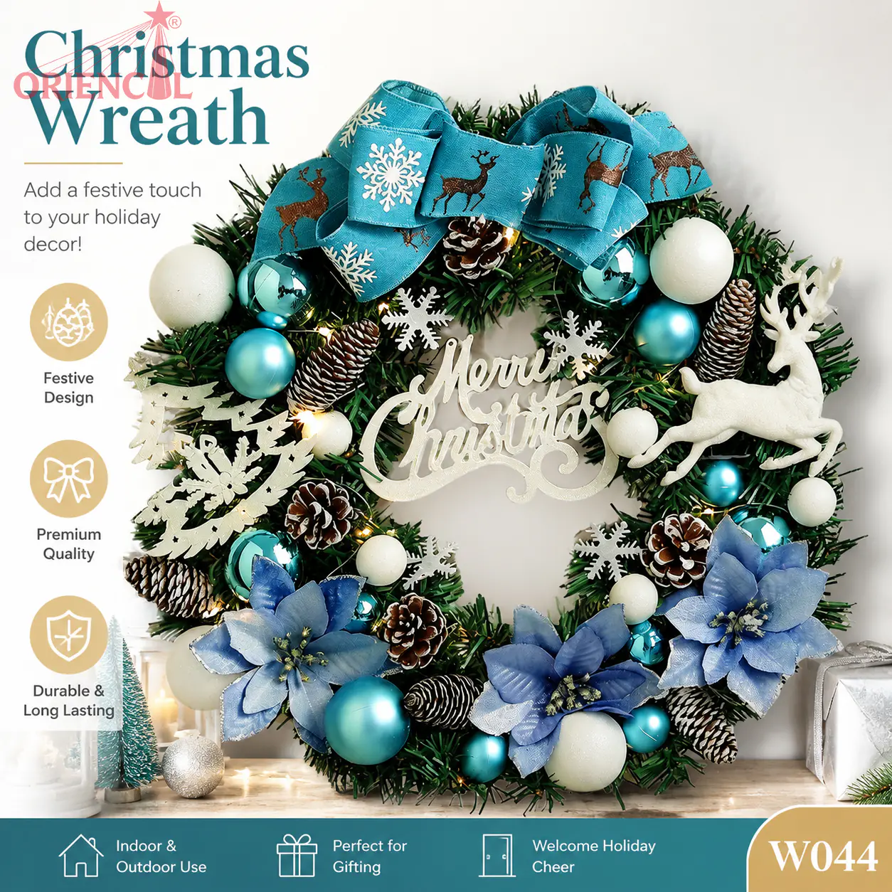 Blue & White Christmas Wreath with Snowflake Accents, Unlit Evergreen, Winter Wonderland Decor W044