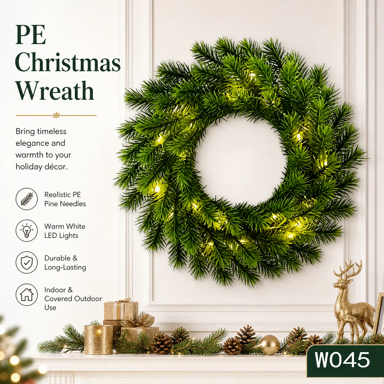 Pre-lit PE Christmas Wreath with Warm White Lights, Green Artificial Spruce Wreath, LED Lighted Christmas Wreath for Front Door, Holiday Decoration W045