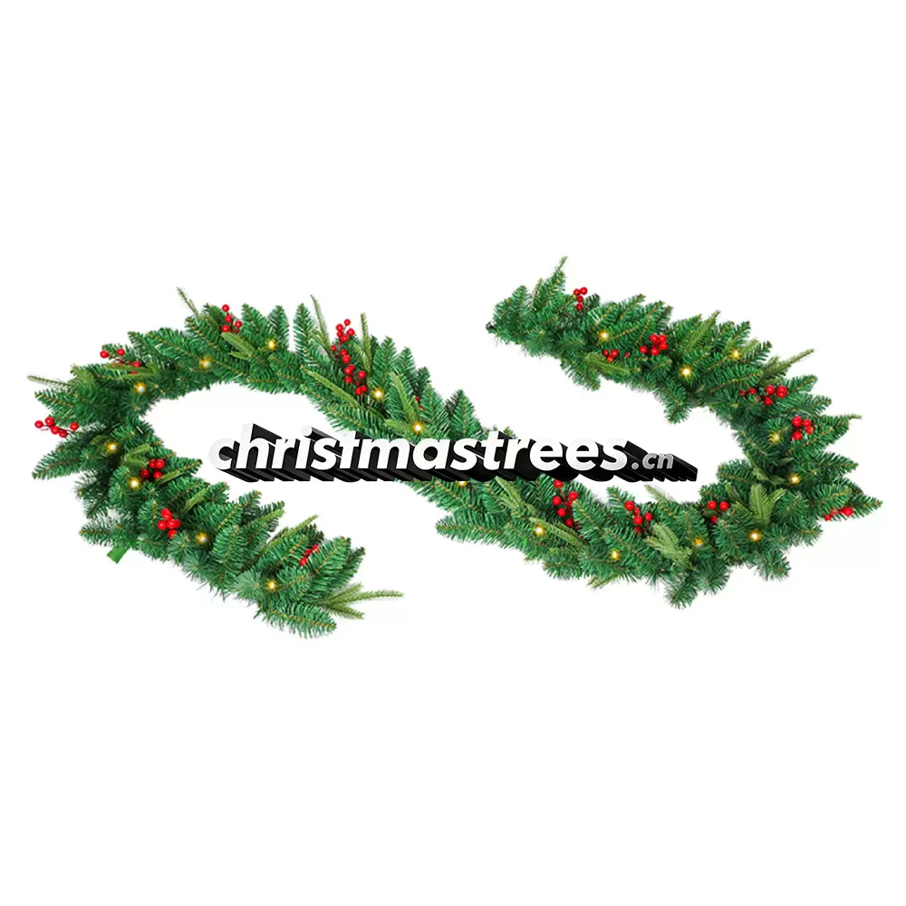 Green Christmas Garland with Red Berries, Unlit Evergreen, Festive Mantel & Banister Decor G002