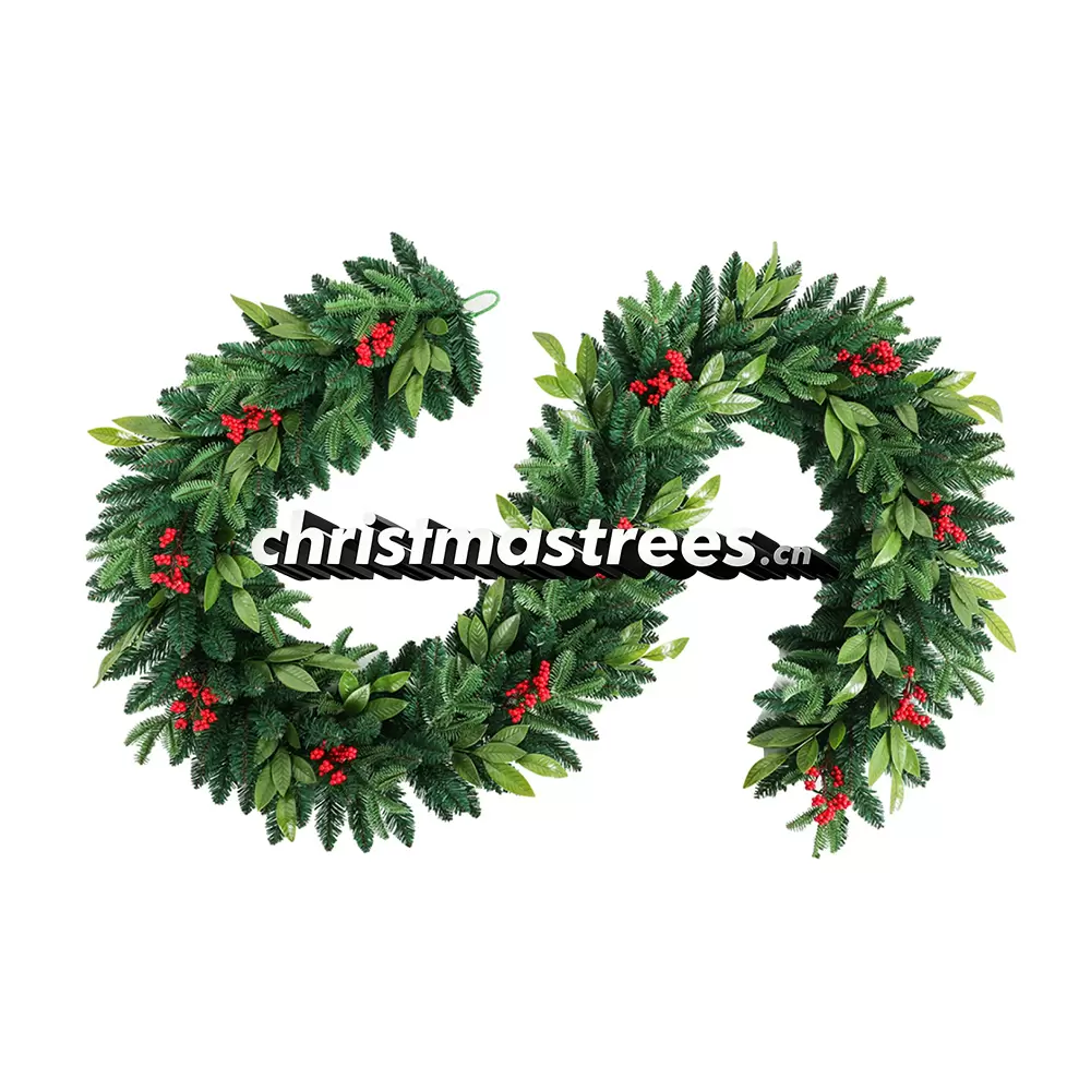 Lush Christmas Garland with Red Berries, Unlit Green Evergreen, Farmhouse Holiday Decor G006