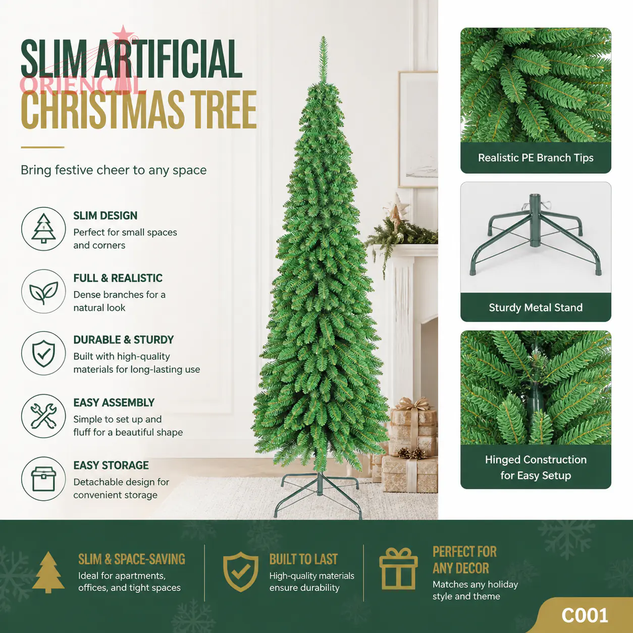 Slim Unlit Artificial Fir Christmas Tree, Foldable Metal Stand, Space-Saving Holiday Decor C001