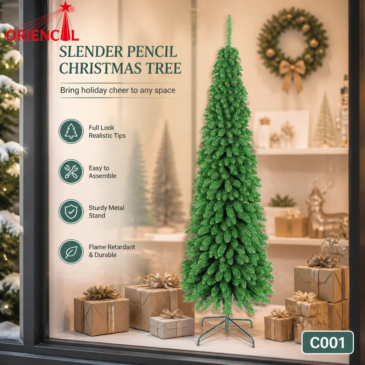 Slim Unlit Artificial Fir Christmas Tree, Foldable Metal Stand, Space-Saving Holiday Decor C001