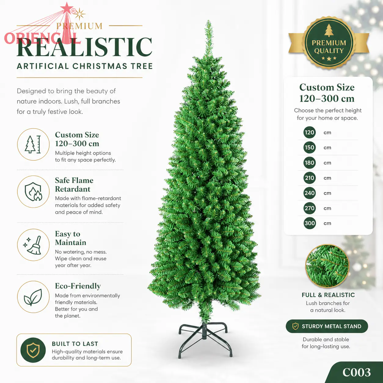 Slim Unlit Artificial Fir Christmas Tree, Easy Assembly, Small Space Friendly Holiday Decor C003