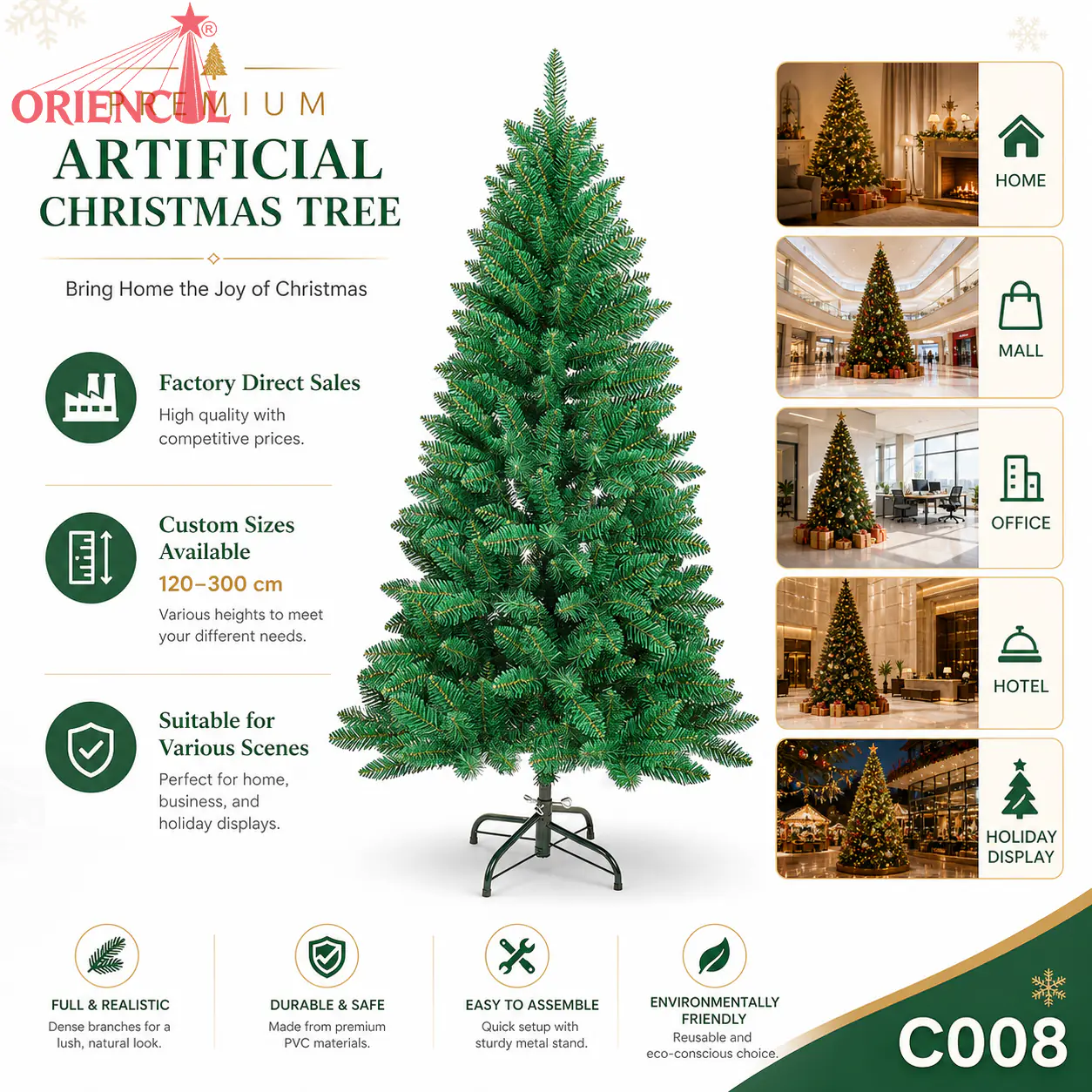 Full Unlit Artificial Spruce Christmas Tree, Lush Green Foliage, Family Holiday Decor C008
