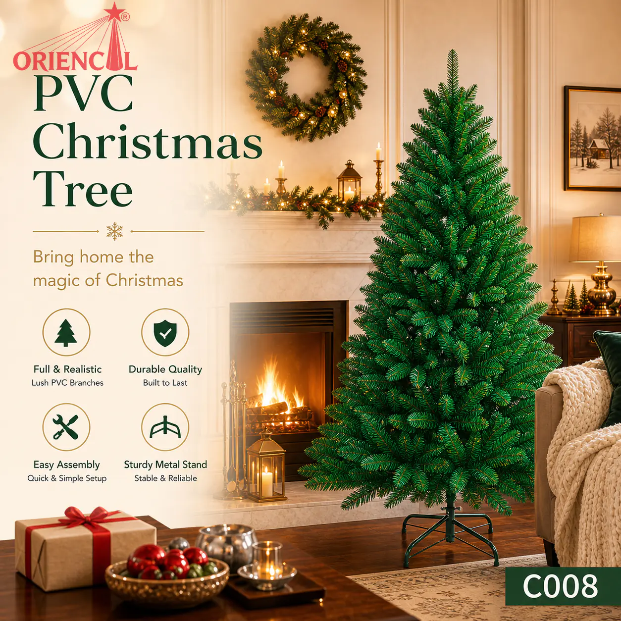 Full Unlit Artificial Spruce Christmas Tree, Lush Green Foliage, Family Holiday Decor C008