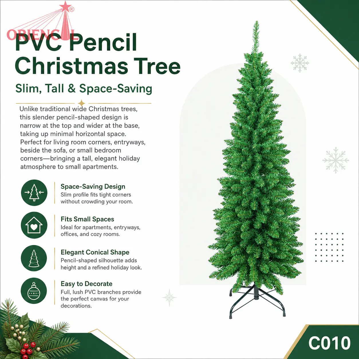 Ultra-Slim Unlit Artificial Fir Christmas Tree, Pencil Style, Small Nook Holiday Decor C010