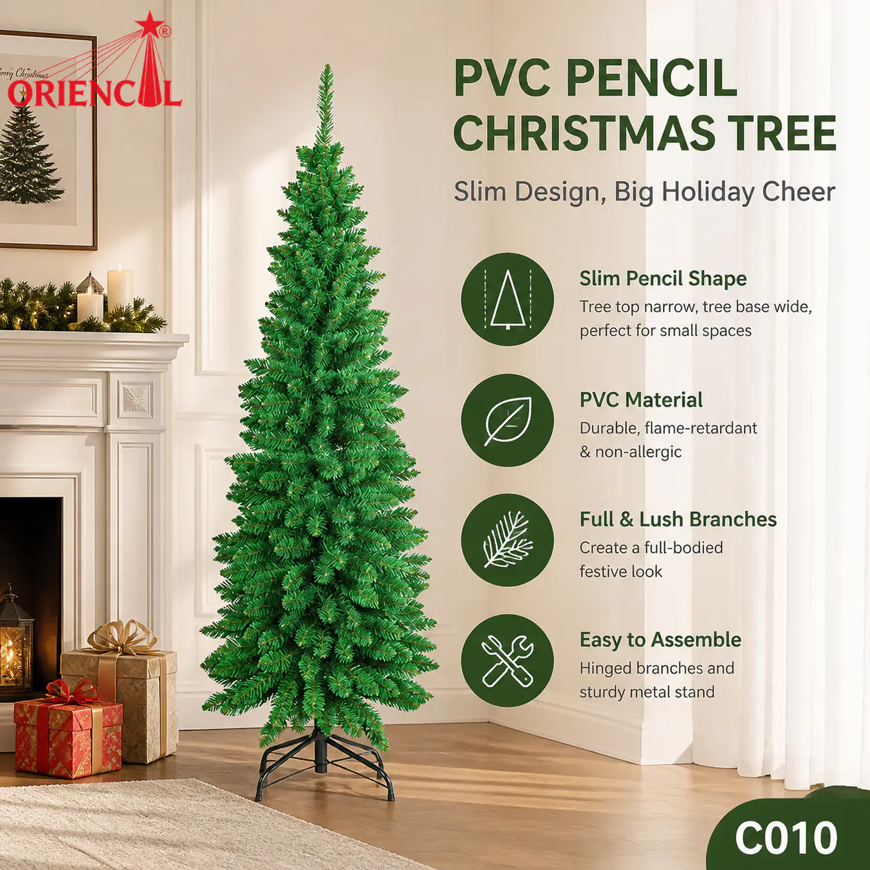 Ultra-Slim Unlit Artificial Fir Christmas Tree, Pencil Style, Small Nook Holiday Decor C010