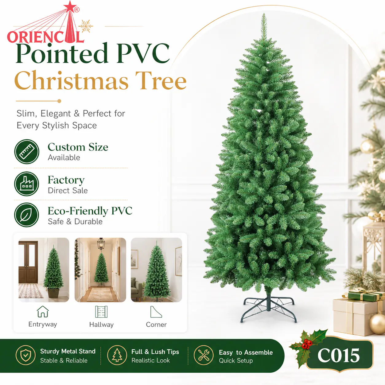 Slim Unlit Artificial Fir Christmas Tree, Natural Green, Corner & Apartment Decor C015