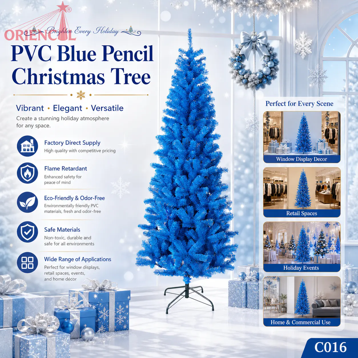 Blue Slim Artificial Fir Christmas Tree, Unlit, Themed Party & Holiday Decoration C016