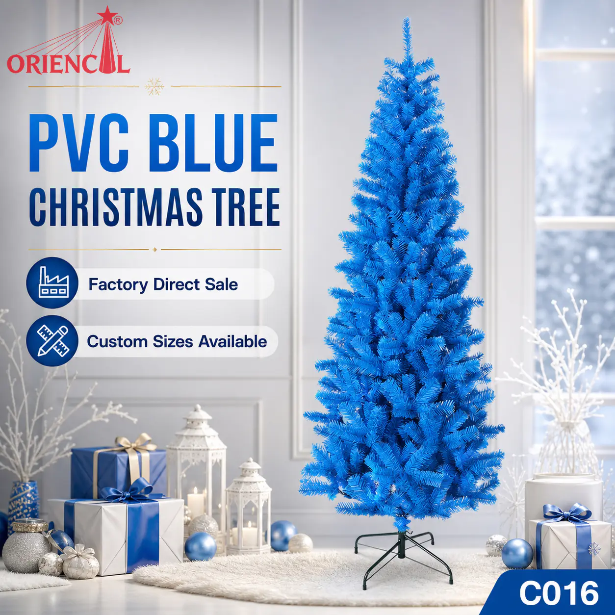 Blue Slim Artificial Fir Christmas Tree, Unlit, Themed Party & Holiday Decoration C016