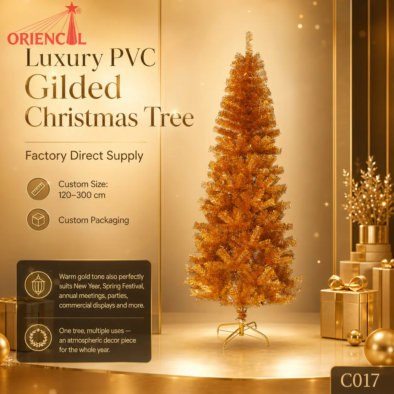 Gold Tinsel Artificial Fir Christmas Tree, Slim Unlit, Glam Themed Holiday Decor C017