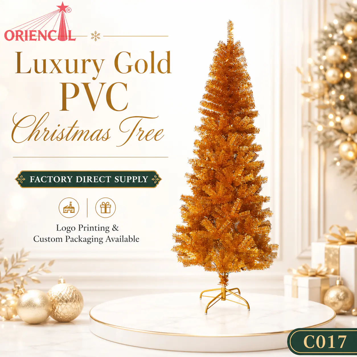 Gold Tinsel Artificial Fir Christmas Tree, Slim Unlit, Glam Themed Holiday Decor C017