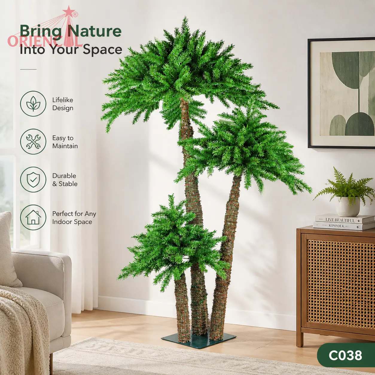 Unlit Triple Artificial Palm Christmas Tree, Multi-Height Tropical Coconut Palm with Metal Base, Indoor & Outdoor Holiday Decor C038